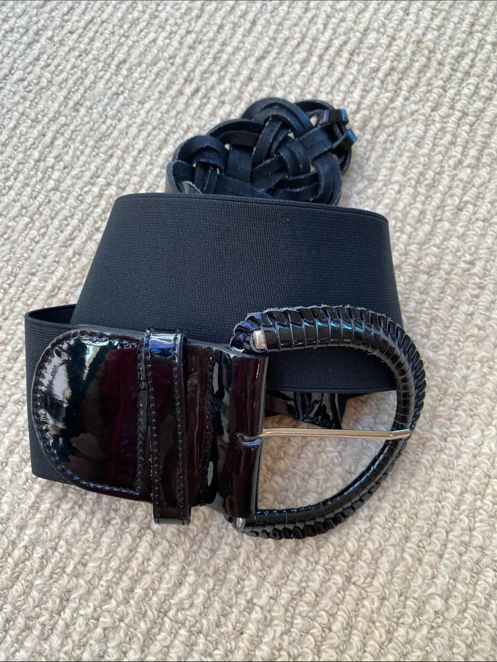 Motif 56 Wide Black Patent Woven Belt w/Elastic M